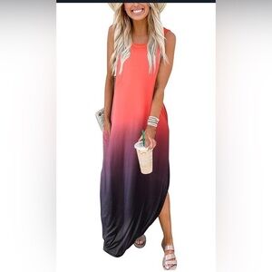 CUPTACC Women's Long Dress Summer Maxi Sleeveless Casual Beach With Pockets L